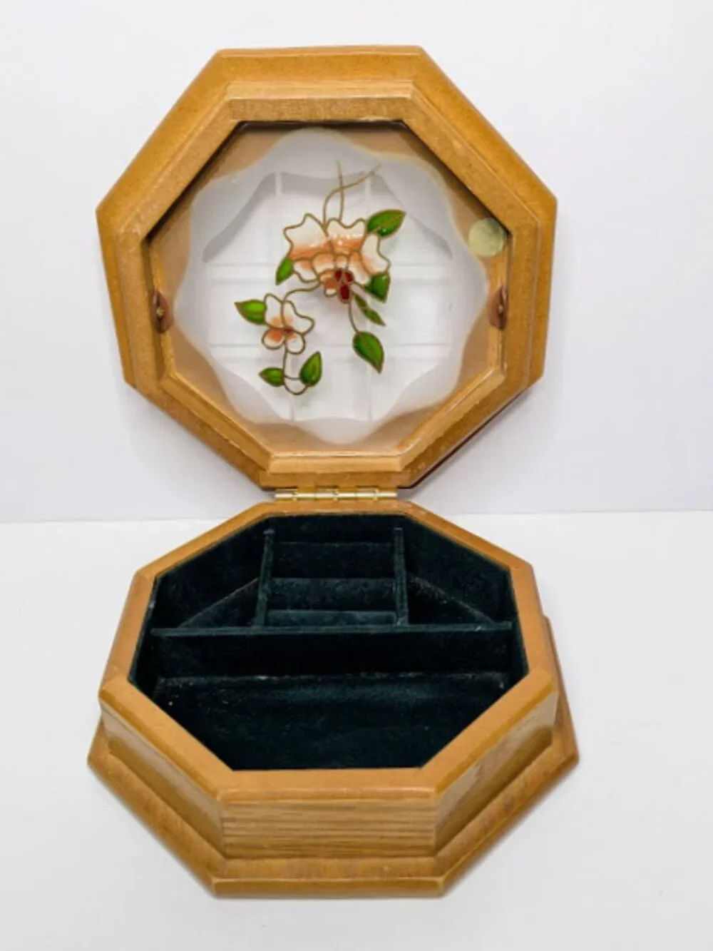 Vintage Mele Octagon Wood Floral Glass Jewelry Box